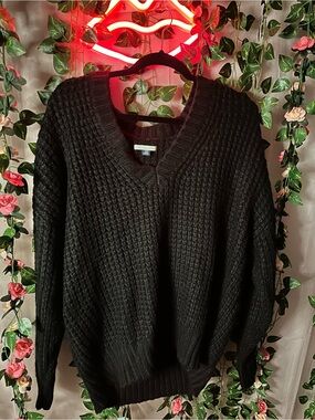 American Eagle Outfitters Black V-Neck Waffle Knit Pullover